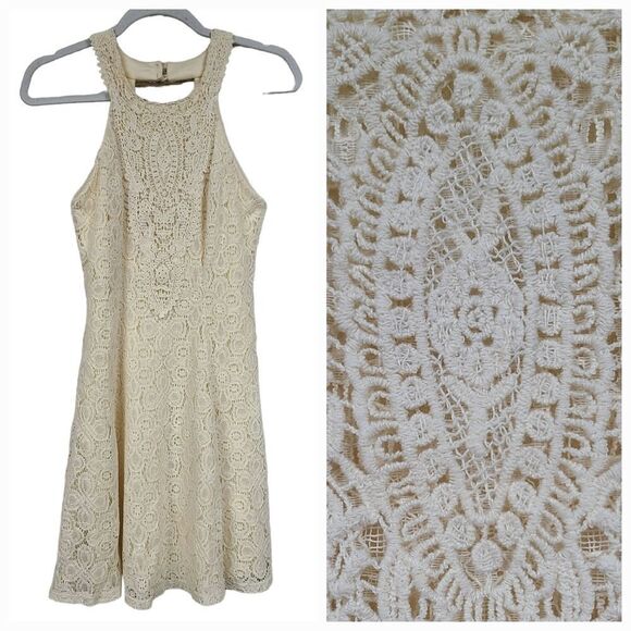 Jodi Kristopher Ivory Lace Embroidered Halter Cut Out Short Homecoming Dress Jrs - Picture 1 of 11